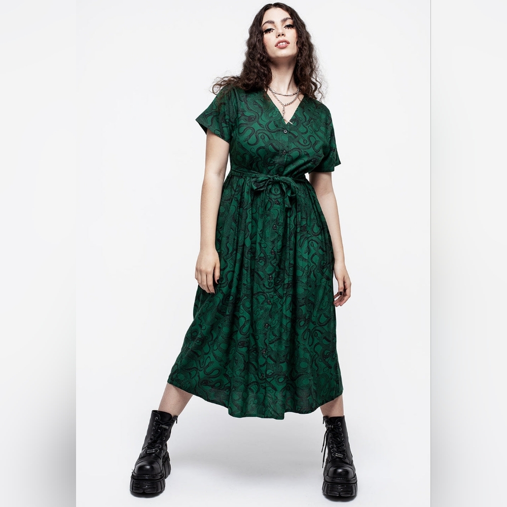 Ophidia Snake Print Button Up Midi Dress - Green Size 8 Gothic Disturbia